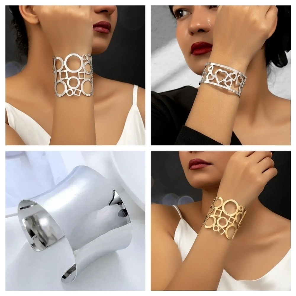Cuff Bracelet 14K Gold Plated Art Deco Geometric Design - Picture 7 of 8